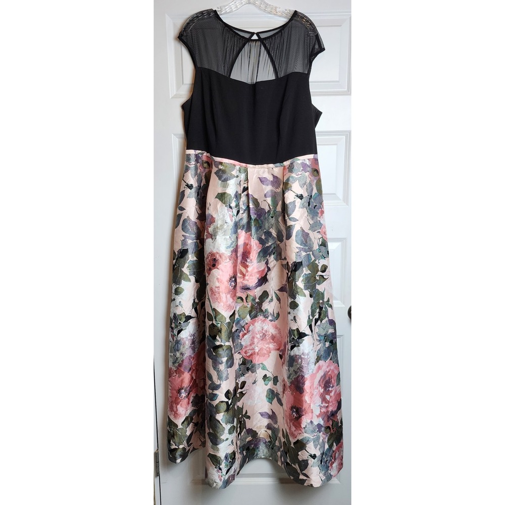 Chaya Gown Women 20W Black Pink Floral Mesh Cap Sleeve Maxi Dress Formal